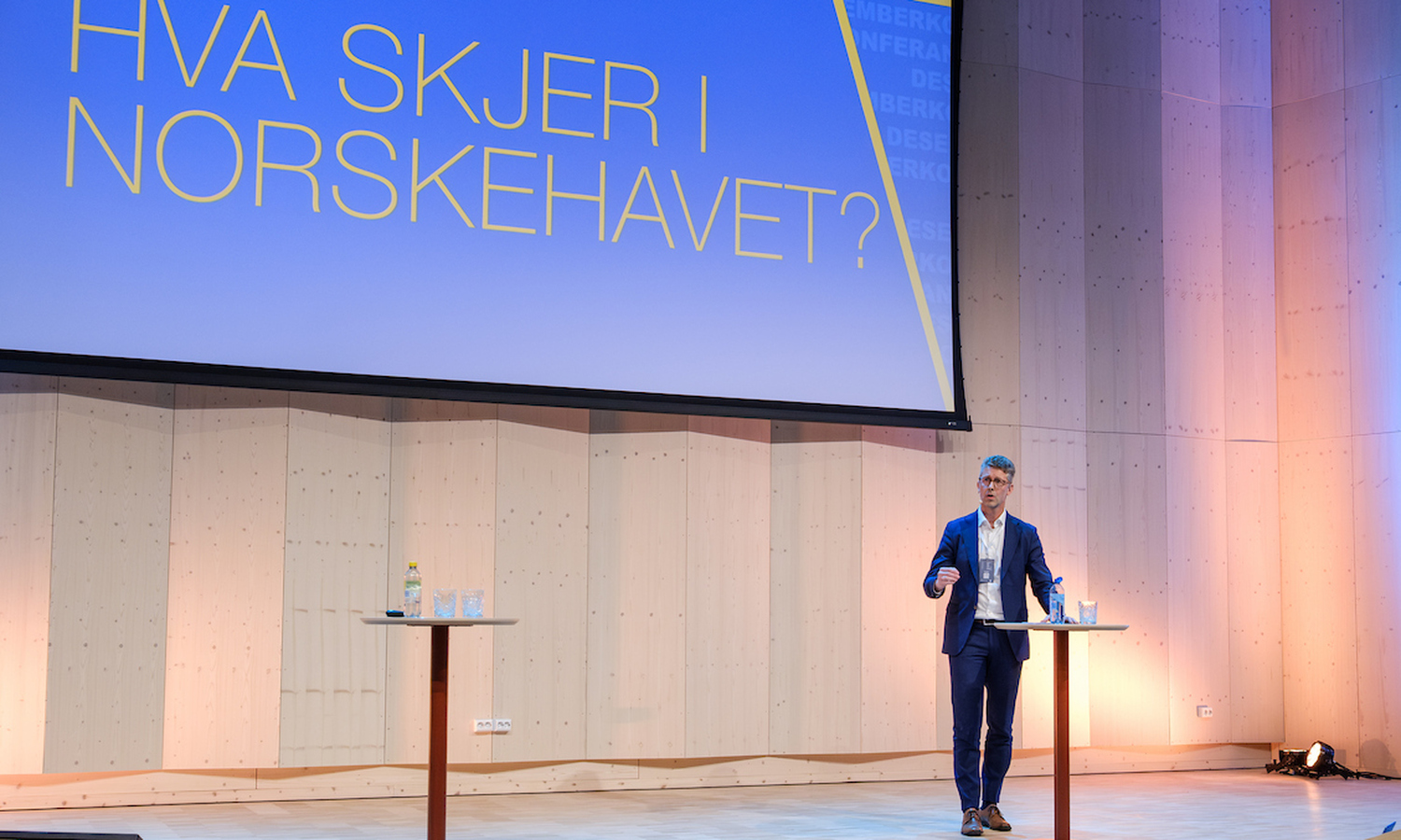 Mann med grå krøller, runde briller og mørk dresss foran et lerret med påskriften: «Hva skjer i Norskehavet»