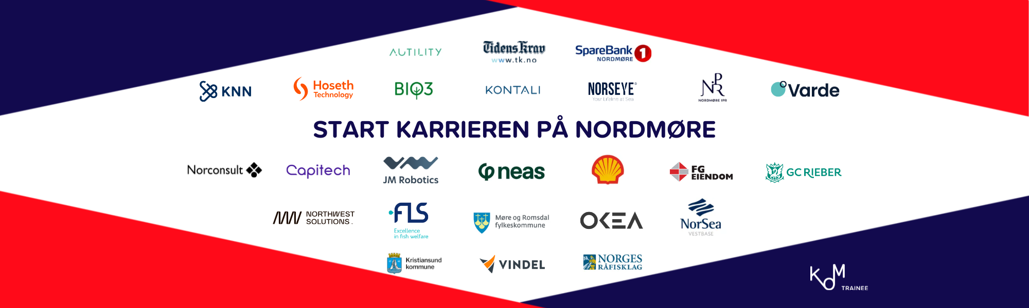 Bildet viser logoene til de 25 medlemsbedriftene som deltar i Kom Trainee 2026. Både etablerte offentlige og private virksomheter er med i årets program, noe som illustrerer bredden av muligheter i regionens næringsliv.