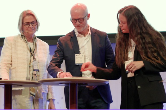 Sammen for sterkere ledelse i hele fylket. På scenen: Frode Søreide (AFF), Britt Flo (Molde Næringsforum), Ole Jonny Rugset (KNN) og Miriam Sundnes Otterholm (Næringsforeninga i Ålesundsregionen). Foto: Heine Schjølberg Foto av presentasjon på scene